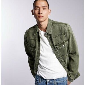 Zara Ripped Denim Overshirt Distressed Green Trucker Snap Shirt Men's Large